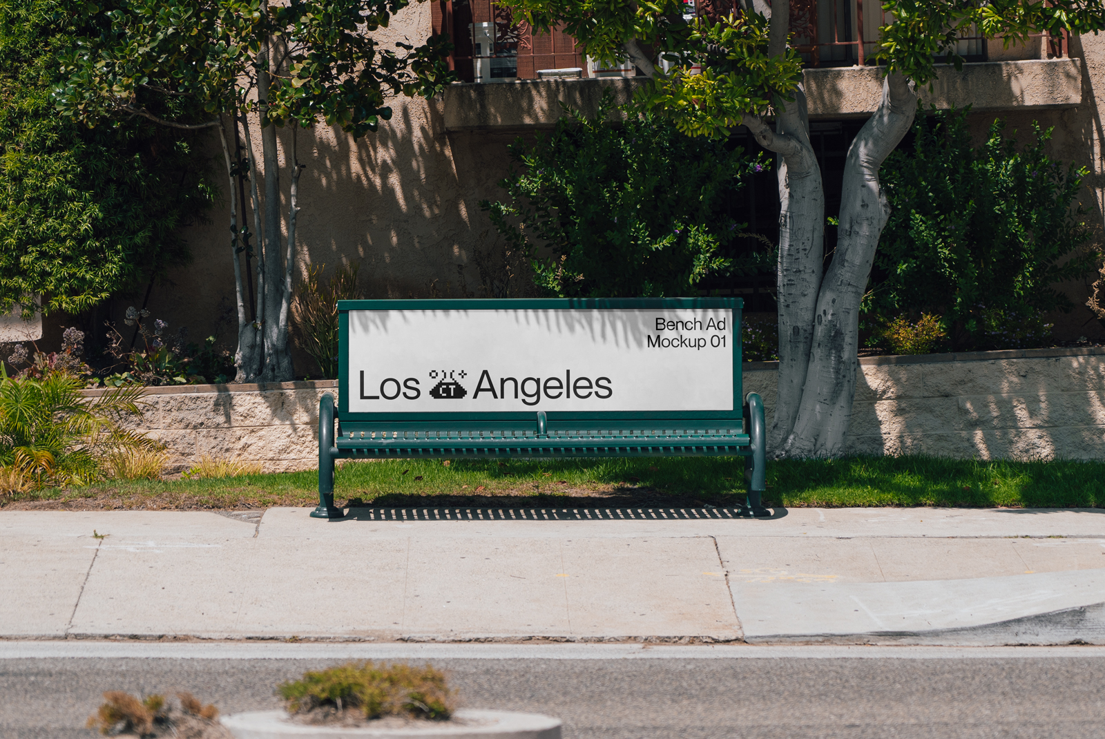 Urban bench advertisement mockup in a street setting with greenery, showcasing design versatility for outdoor ad presentations.